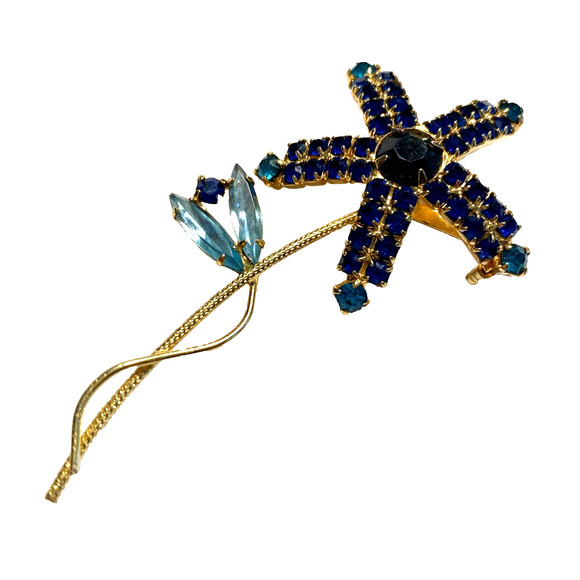 Vintage Mid Century Brooch Flower Power Pin Delicate Gold Blue Aqua Rhinestones - Picture 9 of 9